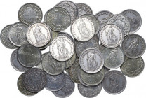Switzerland. Confederation (1848- ). Lot of fourty-five (45) 2 francs: 1905, 1912 (4), 1920 (3), 1921 (2), 1931, 1939 (2), 1941, 1944 (5), 1945 (2), 1...