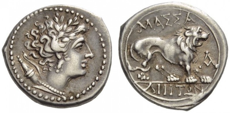 GAUL, Massalia. Circa 150 BC. Drachm (Silver, 16mm, 2.65 g 5). Head of Artemis t...