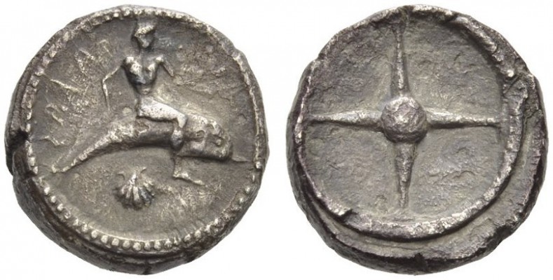 CALABRIA, Tarentum. Circa 480-470 BC. Nomos (Silver, 16mm, 7.81 g). ΤΑRΑϞ ( retr...