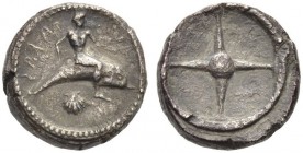 CALABRIA, Tarentum. Circa 480-470 BC. Nomos (Silver, 16mm, 7.81 g). ΤΑRΑϞ ( retrograde ) Phalanthos, nude, riding dolphin to right; below, scallop. Re...