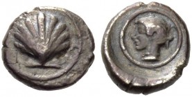 CALABRIA, Tarentum. Circa 470-465 BC. Litra (Silver, 9mm, 0.92 g 9). Scallop shell. Rev. Diademed head of Satyra to left within a linear circle; all w...