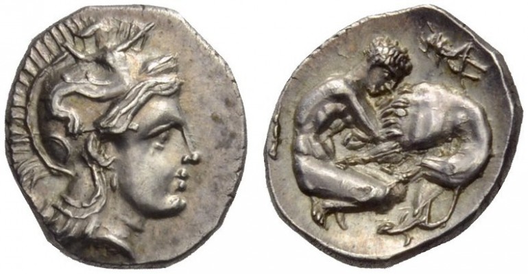 CALABRIA, Tarentum. Circa 325-280 BC. Diobol (Silver, 12mm, 1.31 g 11). Head of ...