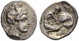 CALABRIA, Tarentum. Circa 325-280 BC. Diobol (Silver, 12mm, 1.31 g 11). Head of Athena to right, wearing Attic helmet adorned with Skylla. Rev. Herakl...
