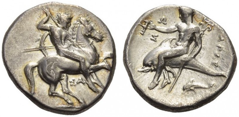 CALABRIA, Tarentum. Circa 315-302 BC. Stater (Silver, 20mm, 7.67 g 3). Nude ride...