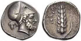 Lucania, Metapontum. Circa 400-340 BC. Didrachm or Nomos (Silver, 20mm, 7.73 g 11). Bearded head of Leukippos to right, wearing Corinthian helmet; beh...