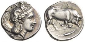 LUCANIA, Thourioi. Circa 350-300 BC. Stater (Silver, 23mm, 7.79 g 2). Head of Athena to right, wearing crested Attic helmet adorned with Skylla hurlin...