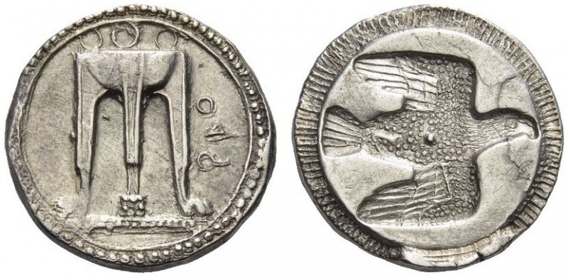 BRUTTIUM, Kroton. Circa 500-480 BC. Stater (Silver, 22mm, 7.88 g 5). ϘΡΟ Tripod ...