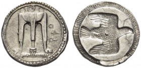 BRUTTIUM, Kroton. Circa 500-480 BC. Stater (Silver, 22mm, 7.88 g 5). ϘΡΟ Tripod with three handles and legs ending in lions’ paws; border of dots. Rev...