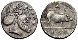 SICILY, Abakainon. Circa 420-400 BC. Litra (Silver, 11mm, 0.51 g 12). ΑΒΑΚ Laureate head of Zeus to right, with a full beard and long hair bound into ...