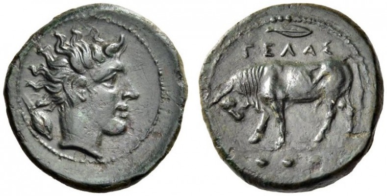 SICILY, Gela. Circa 420-405 BC. Tetras (Bronze, 16mm, 3.48 g 5). ΓΕΛΑΣ Bull walk...
