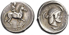 SICILY, Syracuse. Circa 470 BC. Didrachm (Silver, 19mm, 8.64 g 4). Nude and bearded horseman riding to right, leading a spare horse to his left. Rev. ...