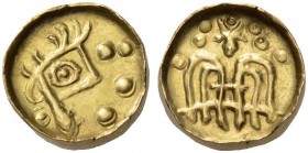 KOLCHIS, The Caucusus Area. 1st century BC/1st - 2nd century AD. Stater (Gold, 15mm, 3.52 g 7). Stylized head with huge eye and crest; around, four pe...