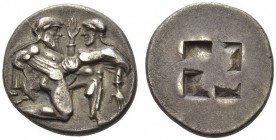 ISLANDS off THRACE, Thasos. Circa 463-449 BC. Stater (Silver, 22mm, 8.69 g). Nude ithyphallic Satyr, with long beard and long hair, moving right in th...