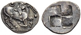 MACEDON, “Aigai” = the Mygdones or the Krestones. Circa 485-470 BC. Trihemiobol (Silver, 11mm, 1.03 g). He-goat moving right, head turned back to left...