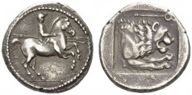 KINGS of MACEDON. Perdikkas II, 451-413 BC. Heavy Tetrobol (Silver, 15mm, 2.36 g 1), 437-431. Rider in Macedonian dress on horse prancing to right, ho...