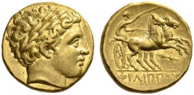 KINGS of MACEDON. Philip II, 359-336 BC. Stater (Gold, 17mm, 8.59 g 11), Pella, circa 340-328. Laureate head of Apollo to right. Rev. ΦΙΛΙ