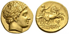 KINGS of MACEDON. Philip II, 359-336 BC. Stater (Gold, 18mm, 8.61 g 6), struck under Philip III, Pella, 323-315. Laureate head of Apollo to right. Rev...
