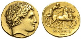 KINGS of MACEDON. Philip II, 359-336 BC. Stater (Gold, 19mm, 8.53 g 6), Abydos, struck under Philip III, 323-317, probably prior to 319. Laureate head...