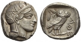 ATTICA, Athens. Circa 440s-430s BC. Tetradrachm (Silver, 23mm, 17.19 g 3). Head of Athena to right, wearing crested Attic helmet adorned with three ol...