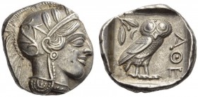 ATTICA, Athens. Circa 430s BC. Tetradrachm (Silver, 25mm, 17.19 g 5). Head of Athena to right, wearing disc earring, pearl necklace and a crested Atti...
