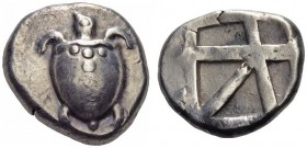 ISLANDS off ATTICA, Aegina. Circa 480-457 BC. Stater (Silver, 21mm, 12.28 g). Sea turtle with line of pellets down the back of its shell. Rev. Square ...