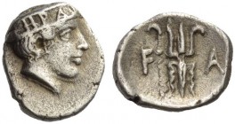 ELIS, Olympia. 92nd Olympiad, 412 BC. Obol (Silver, 10mm, 0.89 g 9). Head of Hera to right, wearing a stephane ornamented with two palmettes and, betw...