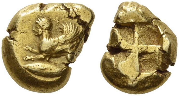 MYSIA, Kyzikos. Circa 550-500 BC. Stater (Electrum, 19mm, 16.24 g). Sphinx crouc...
