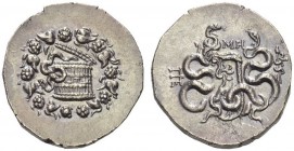 MYSIA, Pergamon. Autonomous issues, circa 104-98 BC. Cistophoric tetradrachm (Silver, 27mm, 12.66 g 12). Basket ( cista mystica ) from which snake coi...