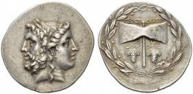 ISLANDS off TROAS, Tenedos. Circa 100-70 BC. Tetradrachm (Silver, 37mm, 16.81 g 12). Janiform head composed of a laureate and bearded head of Zeus to ...