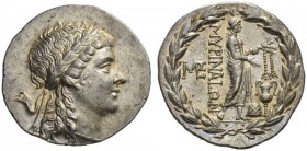 AEOLIS, Myrina. Circa 155-145 BC. Tetradrachm (Silver, 32mm, 16.64 g 11). Laureate head of Apollo to right. Rev. MΥΡINAIΩN Apollo Grynios standing rig...
