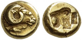 LESBOS, Mytilene. Circa 521-478 BC. Hekte (Electrum, 10mm, 2.57 g 6). Head of a ram to right; below, rooster feeding to left. Rev. Lion’s head with op...