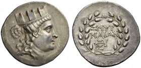 IONIA, Smyrna. Circa 155-145 BC. Tetradrachm (Silver, 30mm, 16.48 g 12). Turreted head of the Tyche of Smyrna to right. Rev. ΖΜΥΡ / ΝΑΙΩΝ in two lines...