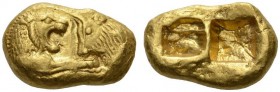 KINGS of LYDIA. Kroisos, circa 560-546 BC. Heavy Stater (Gold, 18x10mm, 10.78 g), Sardes. On the left, forepart of a lion to right confronting, on the...