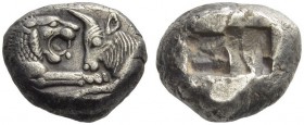 KINGS of LYDIA. Kroisos, Circa 560-546 BC. Stater (Silver, 18x14mm, 10.66 g), Sardes. On the left, forepart of a lion to right confronting, on the rig...
