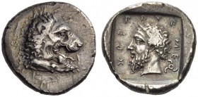 DYNASTS of LYCIA. Mithrapata, circa 390-370 BC. Stater (Silver, 23mm, 9.90 g 2), Antiphellus, c. 380-375. Forepart of lion with open jaws to right. Re...