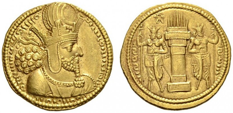 SASANIAN KINGS. Shahpur I, 240/242-272. Dinar (Gold, 21mm, 7.44 g 3), Ctesiphon?...
