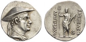 BAKTRIA, Greco-Baktrian Kingdom. Antimachos I, c. 180-165 BC. Drachm (Silver, 18mm, 4.20 g 12), Pushkalavati. Diademed and draped bust of Antimachos t...
