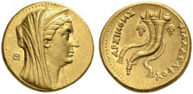 PTOLEMAIC KINGS of EGYPT. Arsinoe II, wife of Ptolemy II, died 270 BC. Oktadrachm or Mnaieion (Gold, 27mm, 27.72 g 12), struck under Ptolemy II, Alexa...