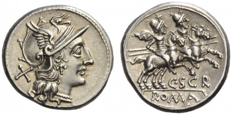 C. Scribonius, 154 BC. Denarius (Silver, 18mm, 3.94 g 9), Rome. Helmeted head of...