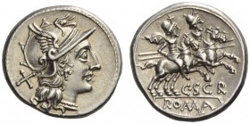 C. Scribonius, 154 BC. Denarius (Silver, 18mm, 3.94 g 9), Rome. Helmeted head of Roma to right; behind, X. Rev. C.SCR / ROMA The Diocouri on horseback...