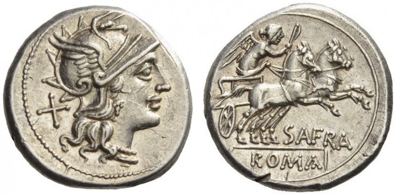 Safra, 150 BC. Denarius (Silver, 18mm, 4.10 g 7), Rome. Head of Roma to right in...