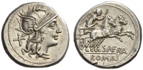 Safra, 150 BC. Denarius (Silver, 18mm, 4.10 g 7), Rome. Head of Roma to right in winged helmet; behind, X. Rev. SAFRA / ROMA Victory driving biga gall...