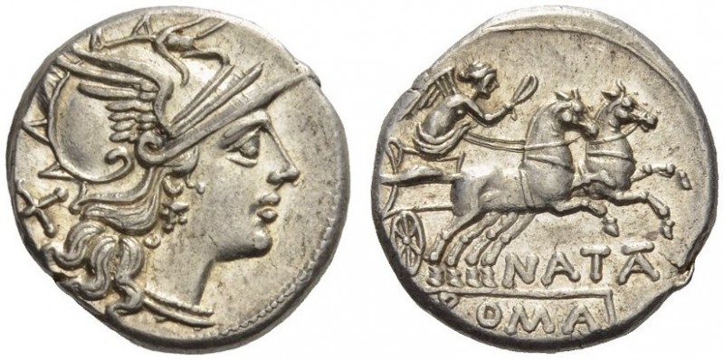 Pinarius Natta, 149 BC. Denarius (Silver, 17mm, 3.84 g 6), Rome. Head of Roma to...