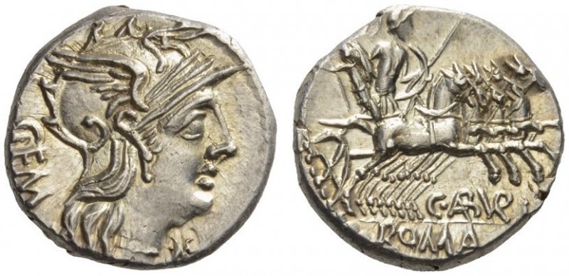 C. Aburius Geminus, 134 BC. Denarius (Silver, 17mm, 3.93 g 1), Rome. GEM Helmete...