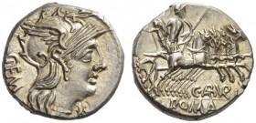 C. Aburius Geminus, 134 BC. Denarius (Silver, 17mm, 3.93 g 1), Rome. GEM Helmeted head of Roma to right; below chin, XVI monogram. Rev. C ABVRI / ROMA...