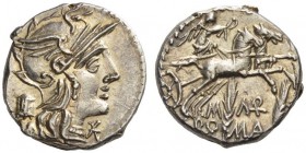 M. Marcius Mn.f, 134 BC. Denarius (Silver, 17mm, 3.91 g 2), Rome. Helmeted head of Roma to right, wearing earring and pearl necklace; behind, modius; ...