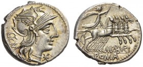 M. Aburius M.f. Geminus, 132 BC. Denarius (Silver, 19mm, 4.08 g 6), Rome. GEM Helmeted head of Roma to right; below right, XVI monogram. Rev. M.ABVRI ...