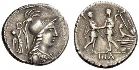 The Social War. Coinage of the Marsic Confederation, 90-88 BC. Denarius (Silver, 19mm, 4.08 g 4), mint moving in Campania, 88. Helmeted and draped bus...