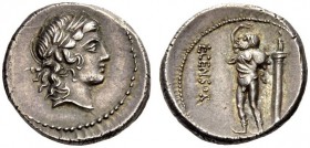 L. Marcius Censorinus, 82 BC. Denarius (Silver, 16mm, 3.85 g 6), Rome. Laureate head of Apollo to right. Rev. L CENSOR Marsyas, bald-headed, walking l...