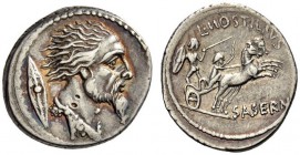 L. Hostilius Saserna, 48 BC. Denarius (Silver, 18mm, 3.93 g 5), Rome. Bearded male head to right, his hair straggling out behind him; cloak around nec...